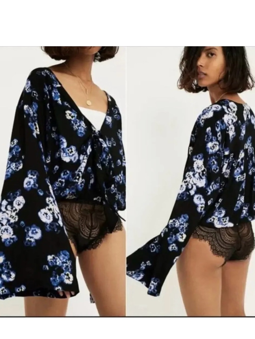 Free People Intimately Floral Tie-Front Lace-Trim Black Bodysuit Top